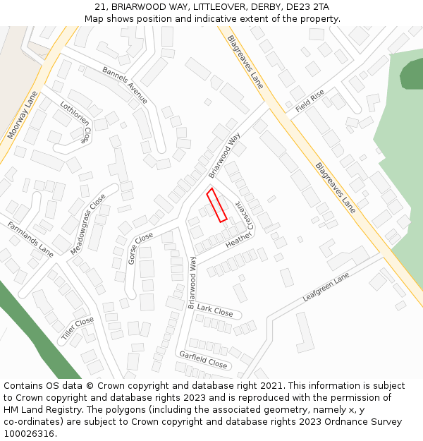 21, BRIARWOOD WAY, LITTLEOVER, DERBY, DE23 2TA: Location map and indicative extent of plot