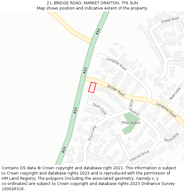 21, BRIDGE ROAD, MARKET DRAYTON, TF9 3UN: Location map and indicative extent of plot
