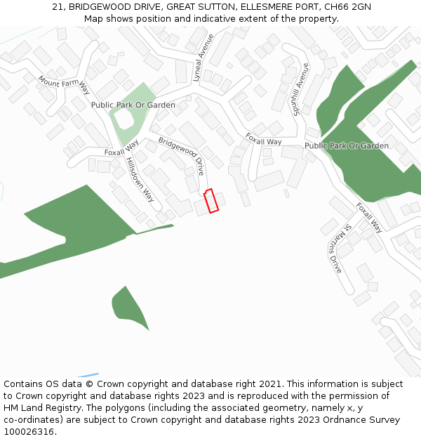 21, BRIDGEWOOD DRIVE, GREAT SUTTON, ELLESMERE PORT, CH66 2GN: Location map and indicative extent of plot