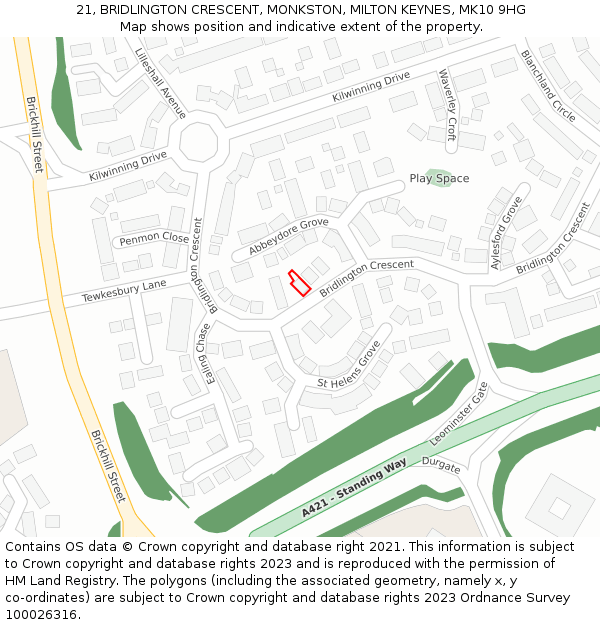 21, BRIDLINGTON CRESCENT, MONKSTON, MILTON KEYNES, MK10 9HG: Location map and indicative extent of plot