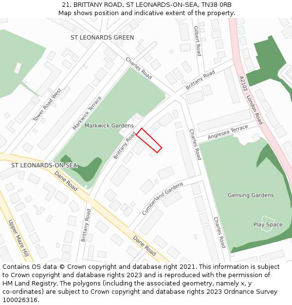 21, BRITTANY ROAD, ST LEONARDS-ON-SEA, TN38 0RB: Location map and indicative extent of plot
