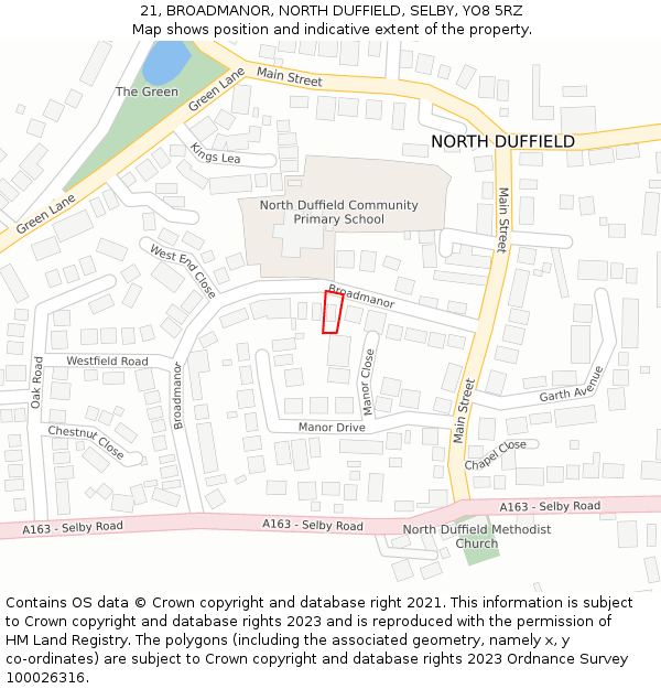 21, BROADMANOR, NORTH DUFFIELD, SELBY, YO8 5RZ: Location map and indicative extent of plot