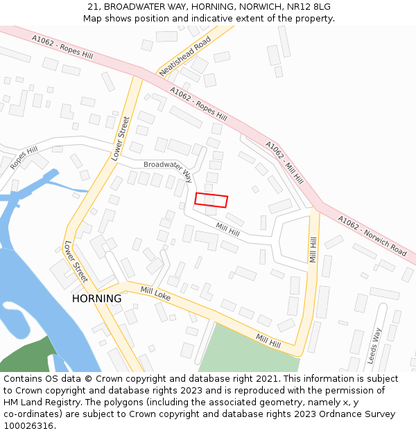 21, BROADWATER WAY, HORNING, NORWICH, NR12 8LG: Location map and indicative extent of plot