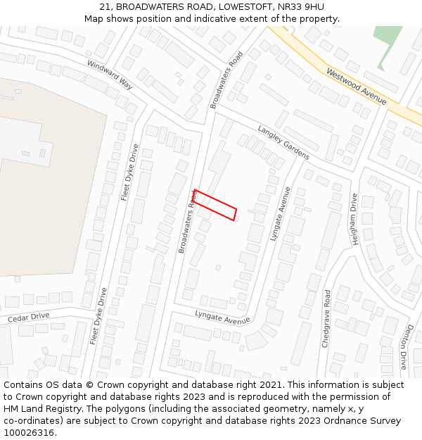 21, BROADWATERS ROAD, LOWESTOFT, NR33 9HU: Location map and indicative extent of plot