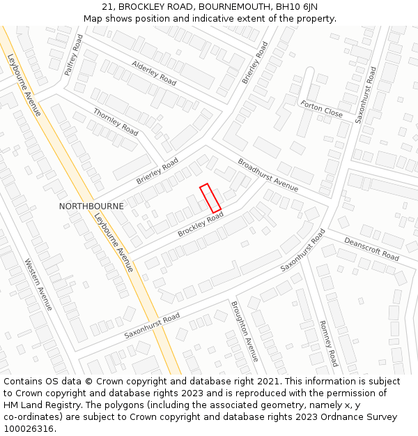 21, BROCKLEY ROAD, BOURNEMOUTH, BH10 6JN: Location map and indicative extent of plot