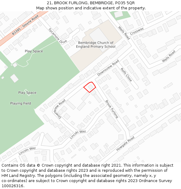 21, BROOK FURLONG, BEMBRIDGE, PO35 5QR: Location map and indicative extent of plot