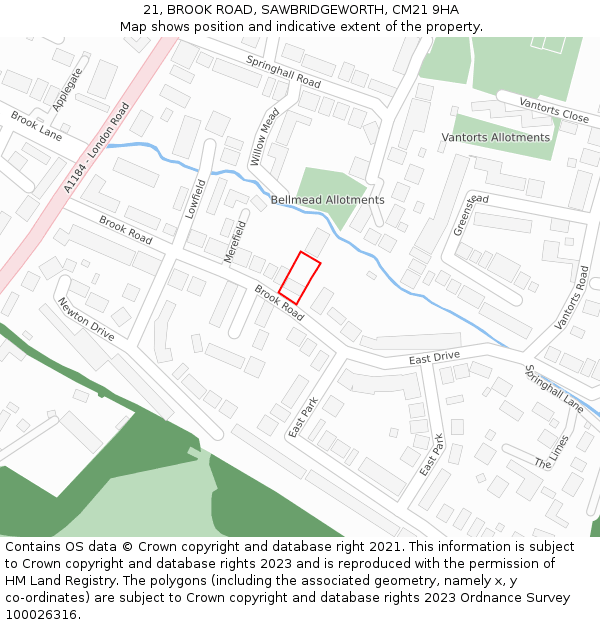 21, BROOK ROAD, SAWBRIDGEWORTH, CM21 9HA: Location map and indicative extent of plot