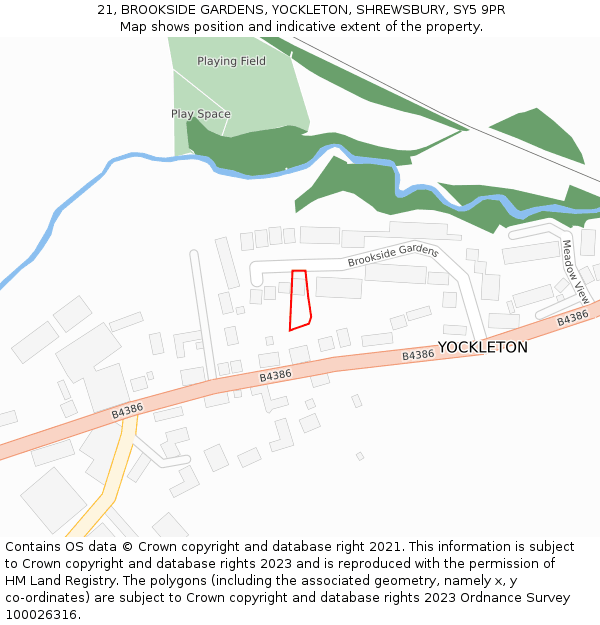 21, BROOKSIDE GARDENS, YOCKLETON, SHREWSBURY, SY5 9PR: Location map and indicative extent of plot