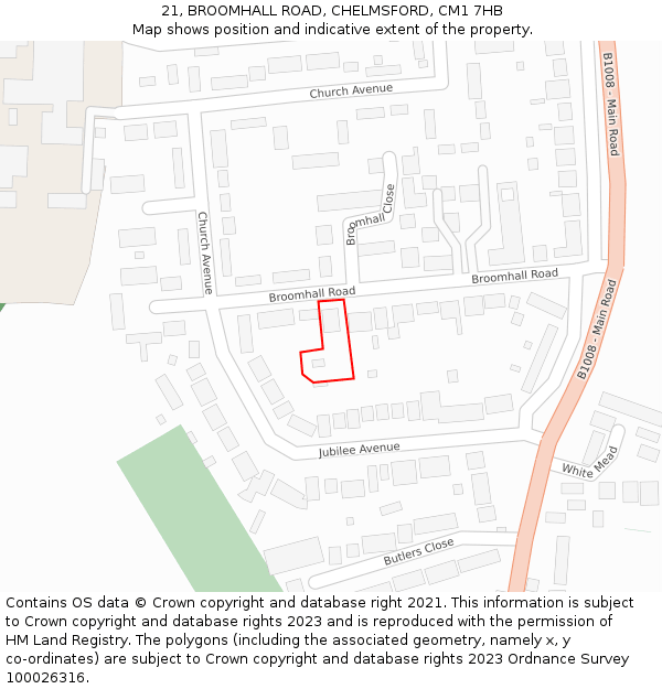 21, BROOMHALL ROAD, CHELMSFORD, CM1 7HB: Location map and indicative extent of plot