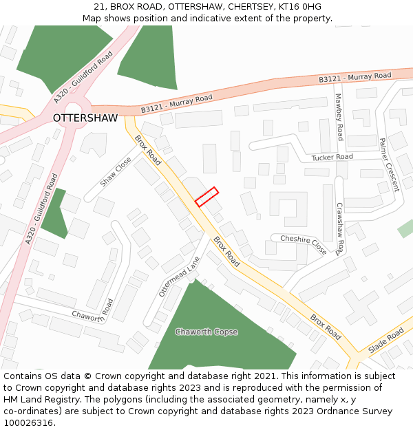 21, BROX ROAD, OTTERSHAW, CHERTSEY, KT16 0HG: Location map and indicative extent of plot