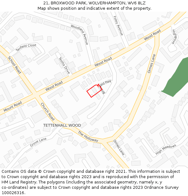 21, BROXWOOD PARK, WOLVERHAMPTON, WV6 8LZ: Location map and indicative extent of plot