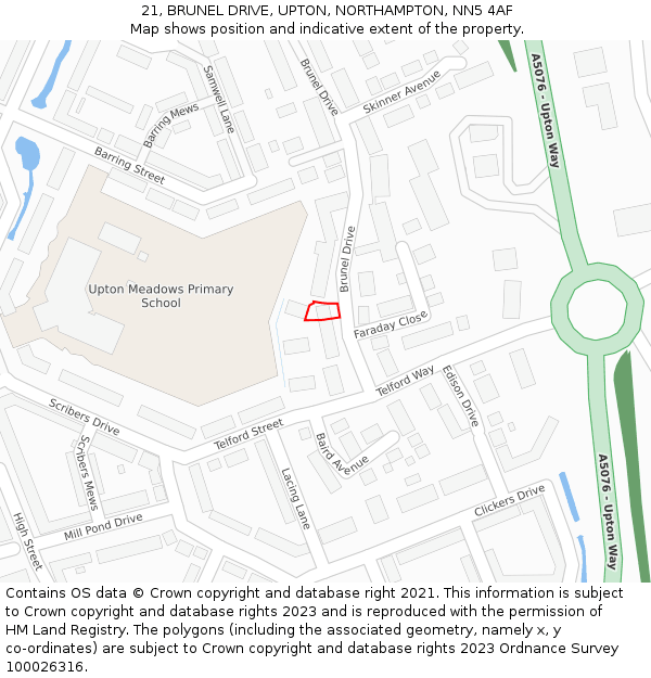 21, BRUNEL DRIVE, UPTON, NORTHAMPTON, NN5 4AF: Location map and indicative extent of plot