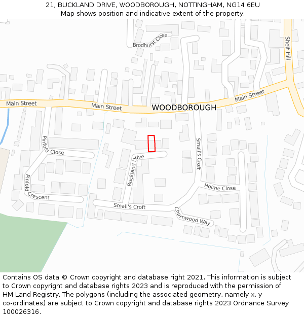 21, BUCKLAND DRIVE, WOODBOROUGH, NOTTINGHAM, NG14 6EU: Location map and indicative extent of plot