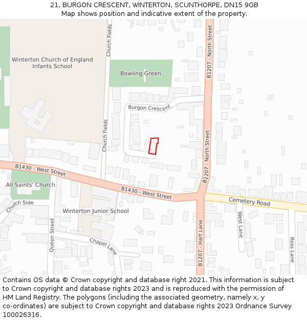21, BURGON CRESCENT, WINTERTON, SCUNTHORPE, DN15 9GB: Location map and indicative extent of plot