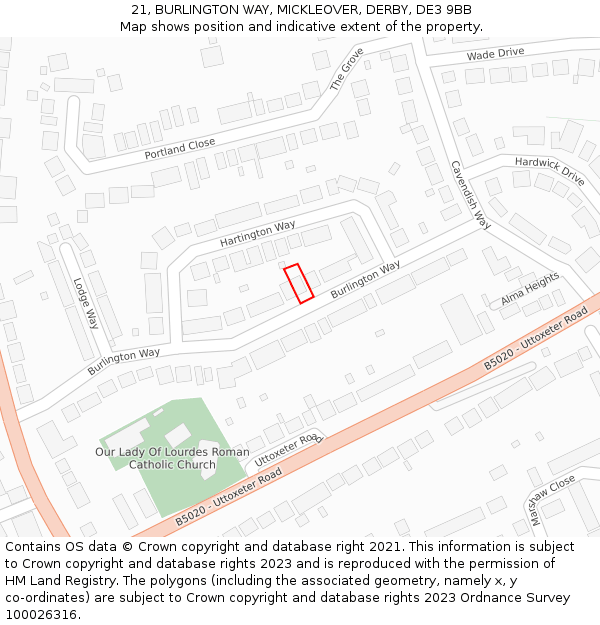 21, BURLINGTON WAY, MICKLEOVER, DERBY, DE3 9BB: Location map and indicative extent of plot