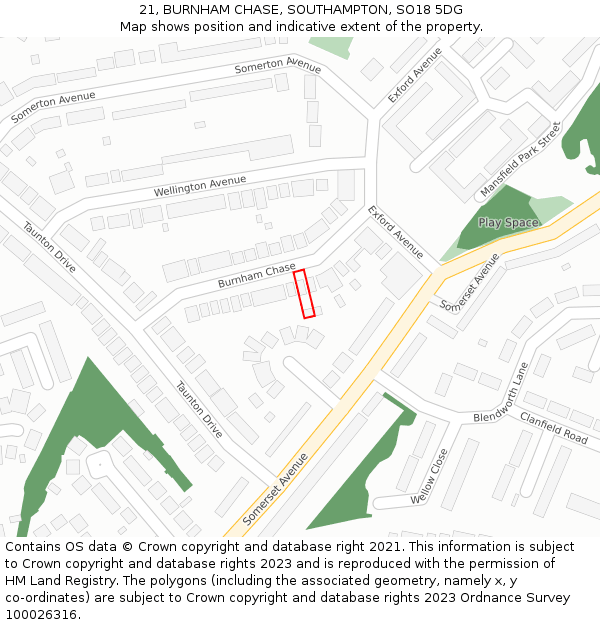 21, BURNHAM CHASE, SOUTHAMPTON, SO18 5DG: Location map and indicative extent of plot