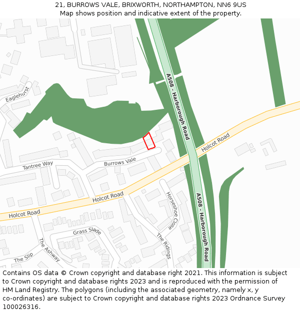 21, BURROWS VALE, BRIXWORTH, NORTHAMPTON, NN6 9US: Location map and indicative extent of plot