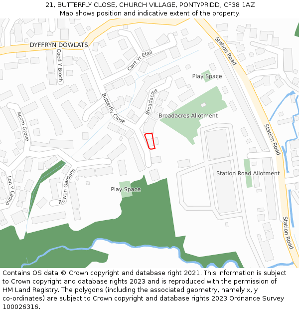 21, BUTTERFLY CLOSE, CHURCH VILLAGE, PONTYPRIDD, CF38 1AZ: Location map and indicative extent of plot