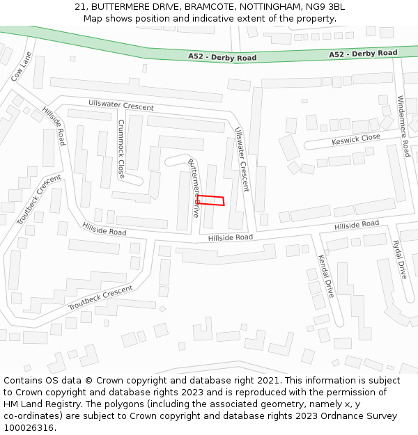 21, BUTTERMERE DRIVE, BRAMCOTE, NOTTINGHAM, NG9 3BL: Location map and indicative extent of plot