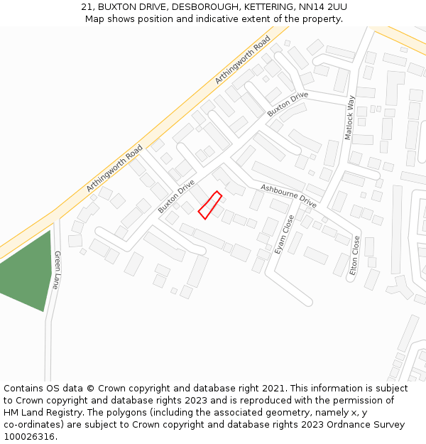 21, BUXTON DRIVE, DESBOROUGH, KETTERING, NN14 2UU: Location map and indicative extent of plot