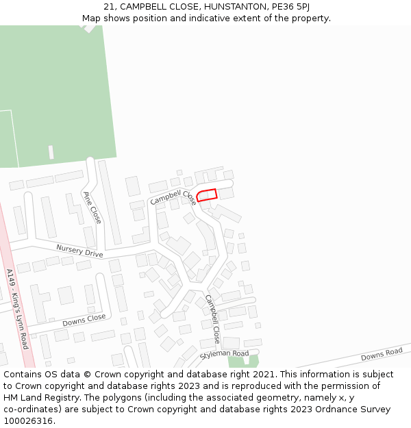 21, CAMPBELL CLOSE, HUNSTANTON, PE36 5PJ: Location map and indicative extent of plot