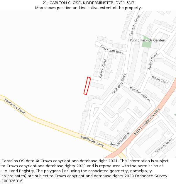 21, CARLTON CLOSE, KIDDERMINSTER, DY11 5NB: Location map and indicative extent of plot