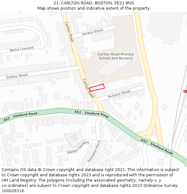 21, CARLTON ROAD, BOSTON, PE21 8NS: Location map and indicative extent of plot