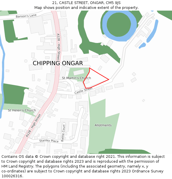 21, CASTLE STREET, ONGAR, CM5 9JS: Location map and indicative extent of plot