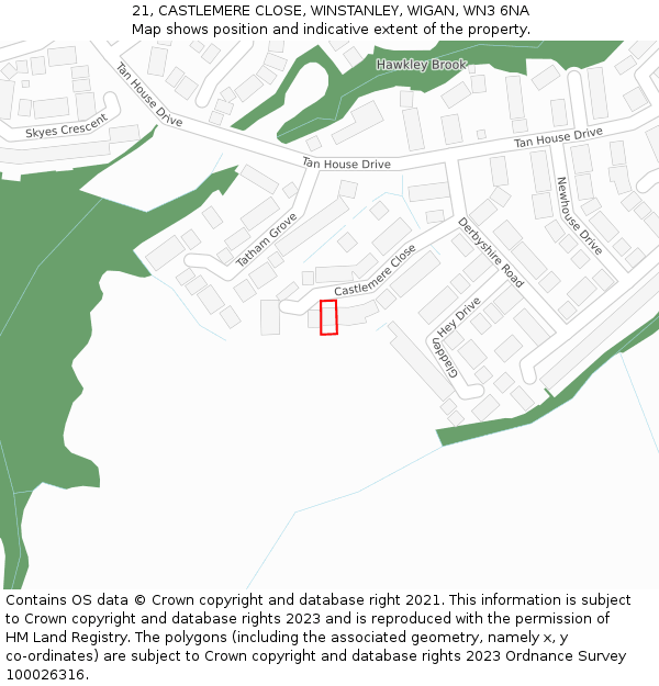 21, CASTLEMERE CLOSE, WINSTANLEY, WIGAN, WN3 6NA: Location map and indicative extent of plot