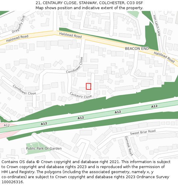 21, CENTAURY CLOSE, STANWAY, COLCHESTER, CO3 0SF: Location map and indicative extent of plot