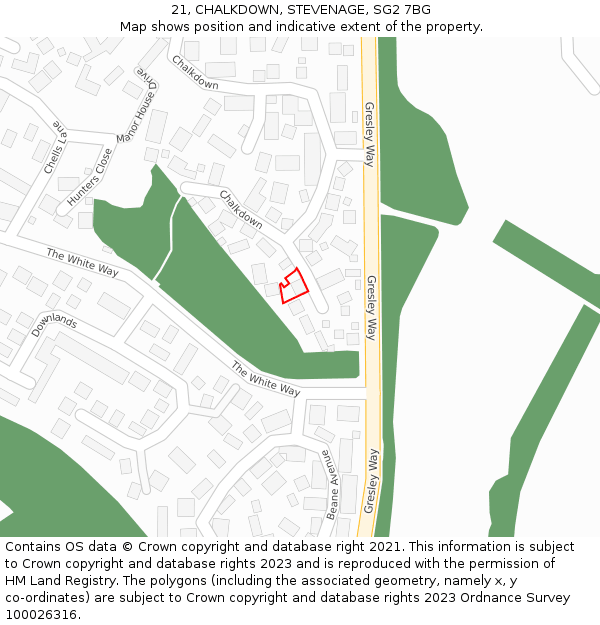 21, CHALKDOWN, STEVENAGE, SG2 7BG: Location map and indicative extent of plot