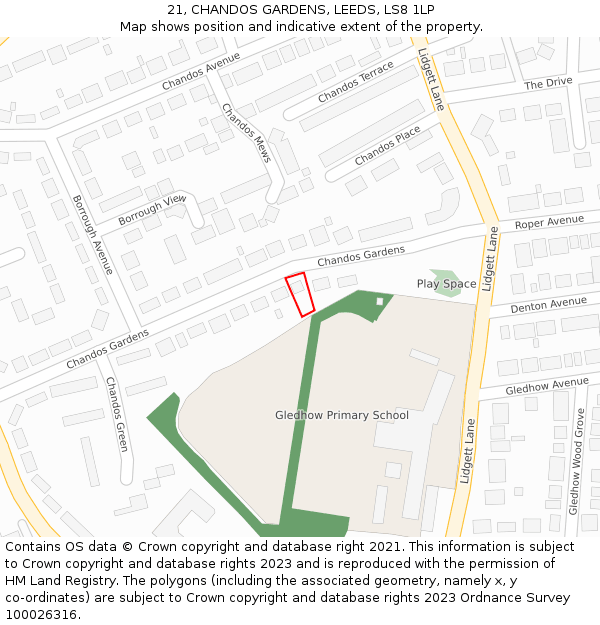 21, CHANDOS GARDENS, LEEDS, LS8 1LP: Location map and indicative extent of plot