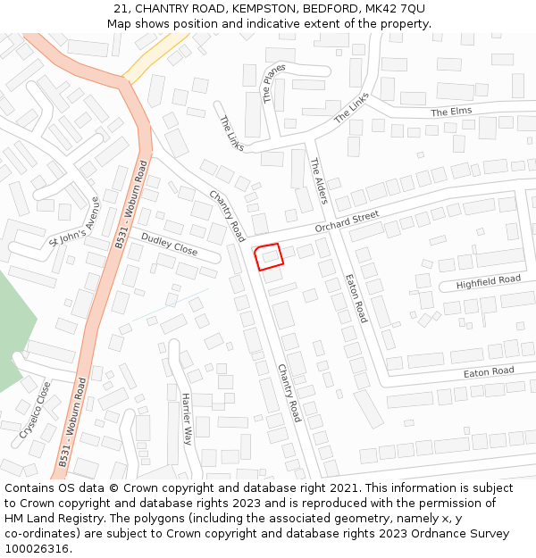 21, CHANTRY ROAD, KEMPSTON, BEDFORD, MK42 7QU: Location map and indicative extent of plot