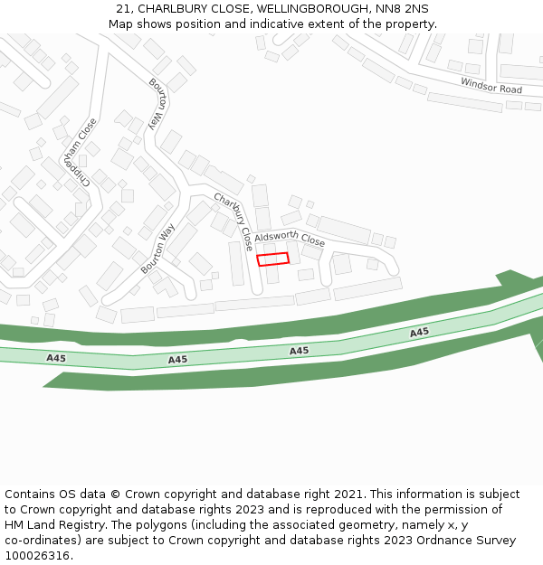 21, CHARLBURY CLOSE, WELLINGBOROUGH, NN8 2NS: Location map and indicative extent of plot