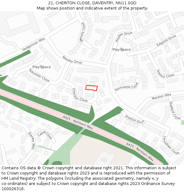 21, CHERITON CLOSE, DAVENTRY, NN11 0GD: Location map and indicative extent of plot