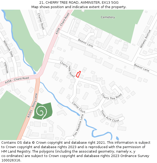 21, CHERRY TREE ROAD, AXMINSTER, EX13 5GG: Location map and indicative extent of plot