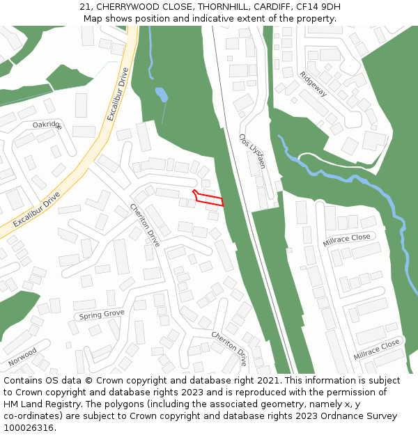 21, CHERRYWOOD CLOSE, THORNHILL, CARDIFF, CF14 9DH: Location map and indicative extent of plot