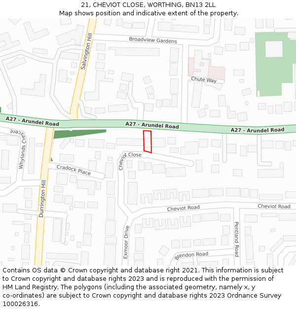 21, CHEVIOT CLOSE, WORTHING, BN13 2LL: Location map and indicative extent of plot