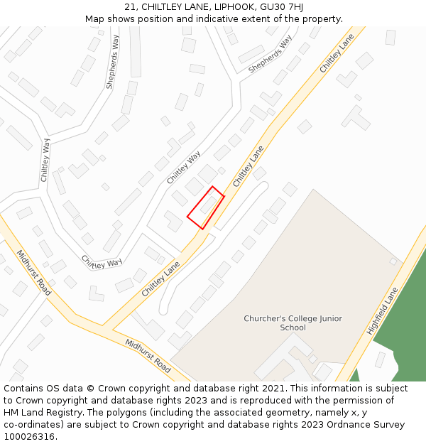 21, CHILTLEY LANE, LIPHOOK, GU30 7HJ: Location map and indicative extent of plot