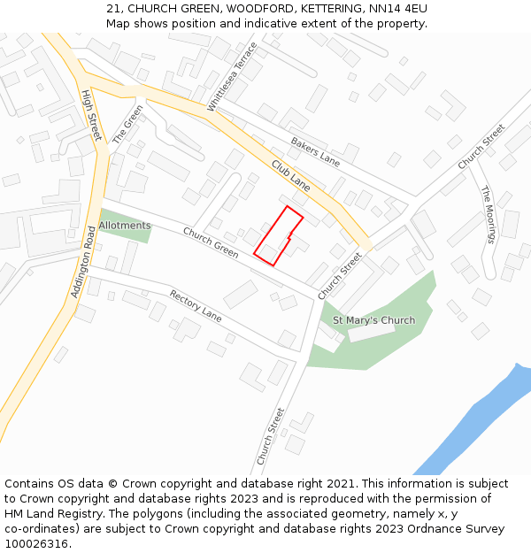 21, CHURCH GREEN, WOODFORD, KETTERING, NN14 4EU: Location map and indicative extent of plot