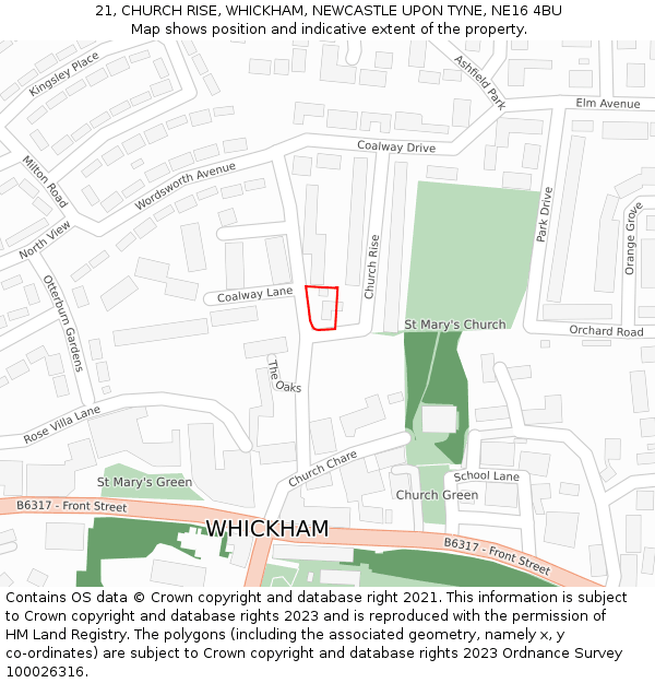 21, CHURCH RISE, WHICKHAM, NEWCASTLE UPON TYNE, NE16 4BU: Location map and indicative extent of plot