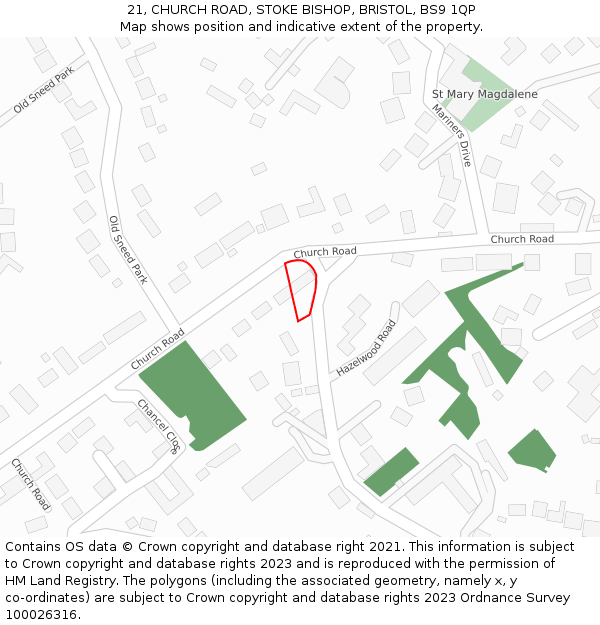 21, CHURCH ROAD, STOKE BISHOP, BRISTOL, BS9 1QP: Location map and indicative extent of plot