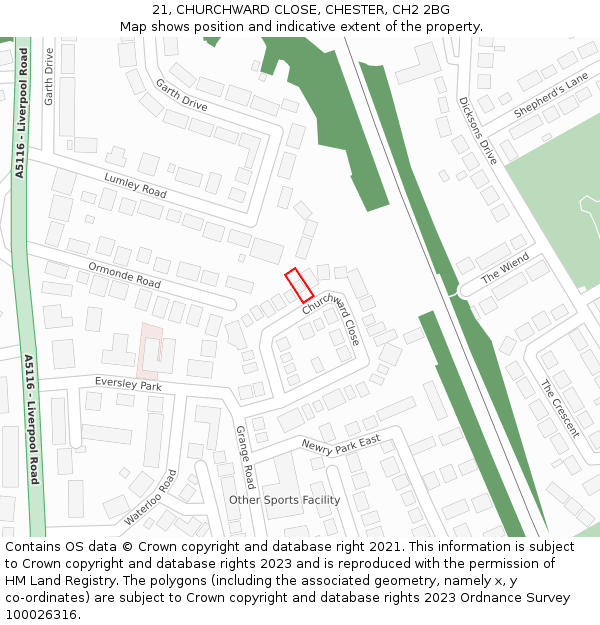21, CHURCHWARD CLOSE, CHESTER, CH2 2BG: Location map and indicative extent of plot