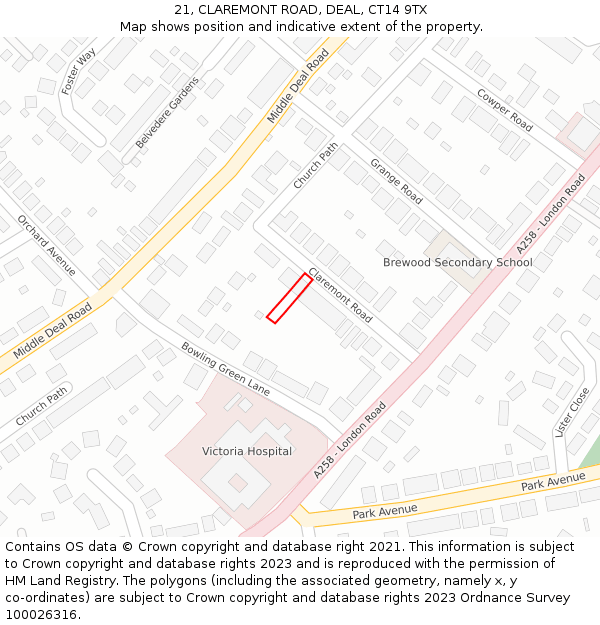 21, CLAREMONT ROAD, DEAL, CT14 9TX: Location map and indicative extent of plot