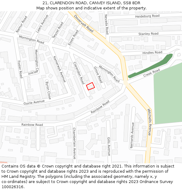 21, CLARENDON ROAD, CANVEY ISLAND, SS8 8DR: Location map and indicative extent of plot