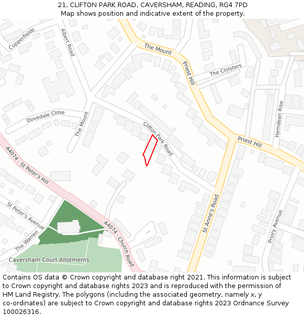 21, CLIFTON PARK ROAD, CAVERSHAM, READING, RG4 7PD: Location map and indicative extent of plot