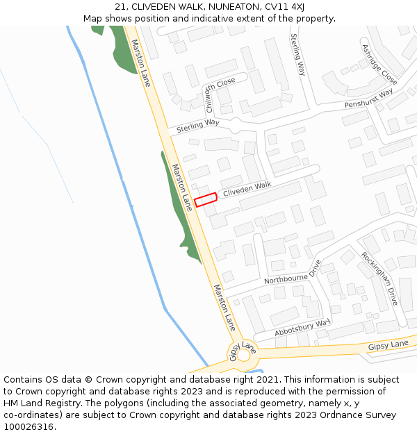 21, CLIVEDEN WALK, NUNEATON, CV11 4XJ: Location map and indicative extent of plot
