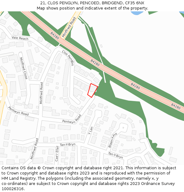 21, CLOS PENGLYN, PENCOED, BRIDGEND, CF35 6NX: Location map and indicative extent of plot