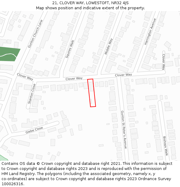 21, CLOVER WAY, LOWESTOFT, NR32 4JS: Location map and indicative extent of plot