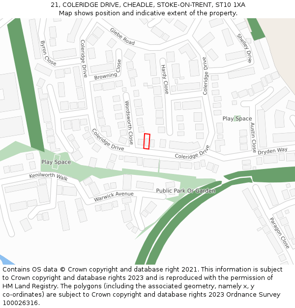 21, COLERIDGE DRIVE, CHEADLE, STOKE-ON-TRENT, ST10 1XA: Location map and indicative extent of plot
